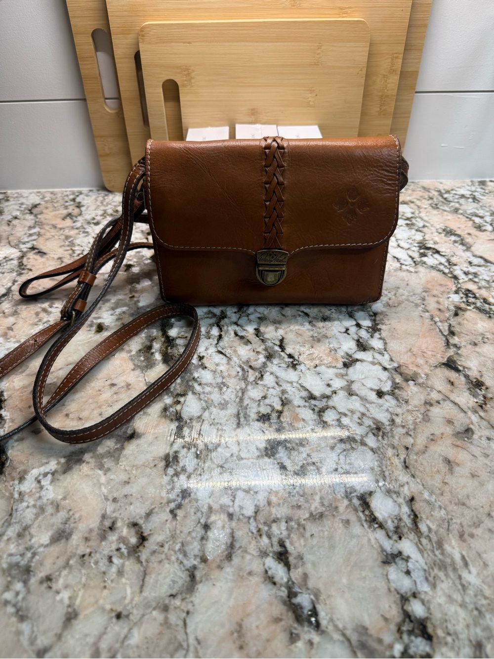 Patricia Nash Cognac Brown Leather Crossbody with Braided Detail